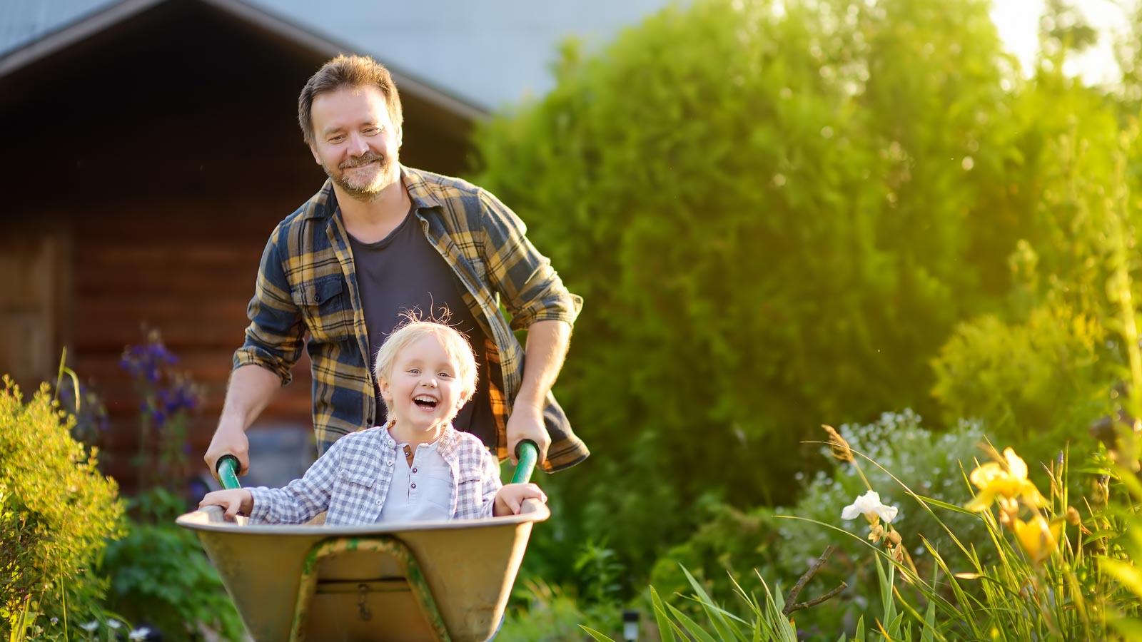 Vater schiebt seinen fröhlichen Sohn durch den sonnigen Garten. 