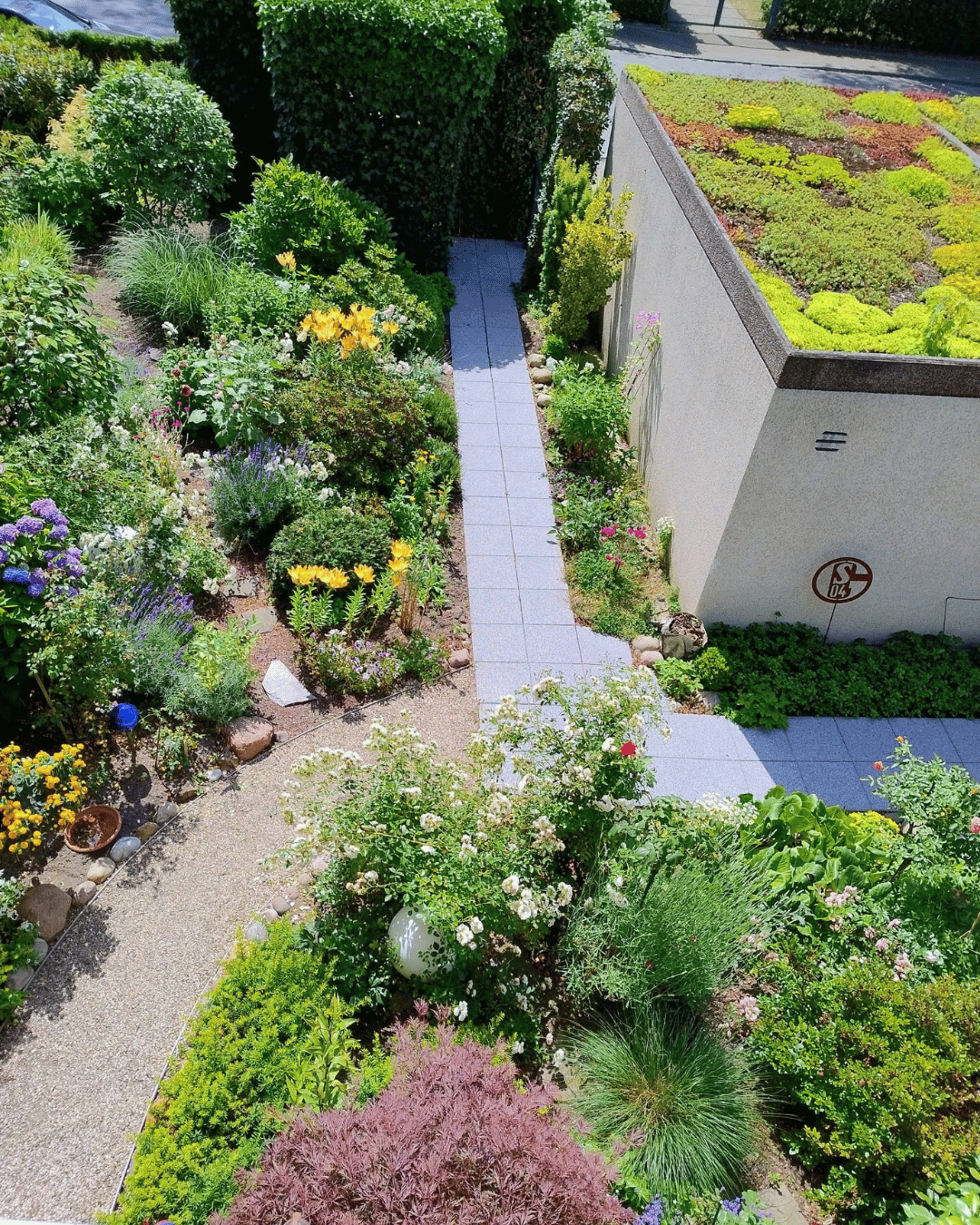 Blick aus dem ersten Stock auf einen bepflanzten Vorgarten und eine Dachbegrünung auf einer Garage.
