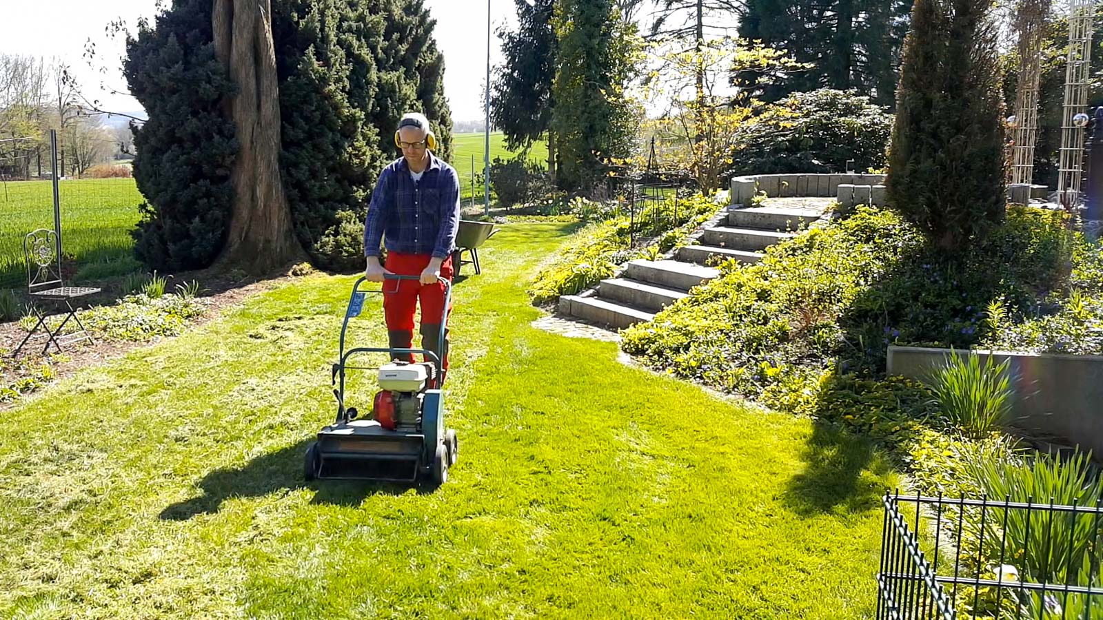 Gartenberater Philippe Dahlmann vertikutiert den Rasen mit einem Benzin-Vertikutierer.