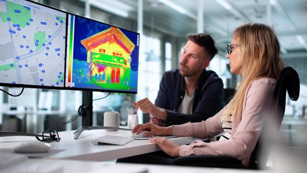 Zwei personen schauen sich einen Bauplan an