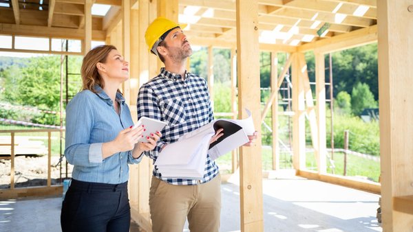 versicherung-bauherren Ein Mann baut mit einem Kind ein Haus.