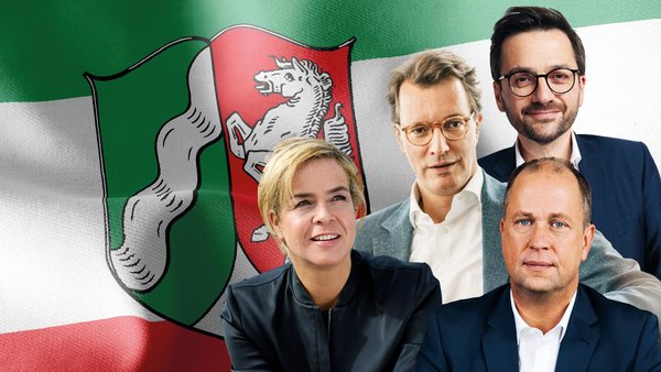 Collage mit den Landtagswahl-Kandidaten 2022 vor der nordrhein-westfälischen Landesflagge
