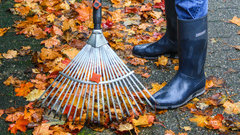 Person in Gummistiefeln fegt nasses Herbstlaub mit Laubbesen zusammen.