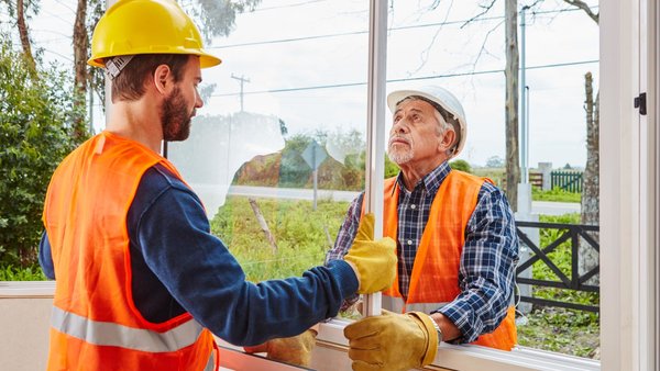 Zwei Handwerker setzen eine Scheibe im Haus ein