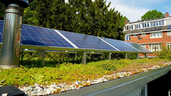 Ein Haus mit einer Photovoltaik Anlage auf dem Gründach