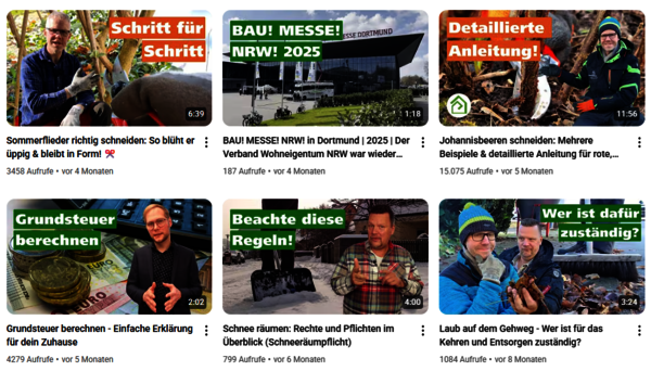 Screenshot der Videos im YouTube-Kanal des Verband Wohneigentum